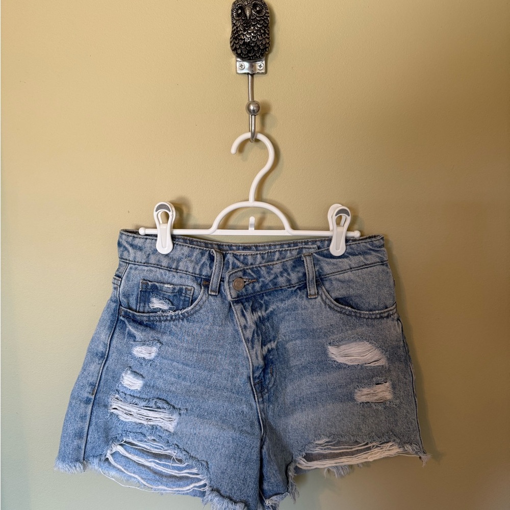 Blue Distressed Jean Shorts with Frayed Hem